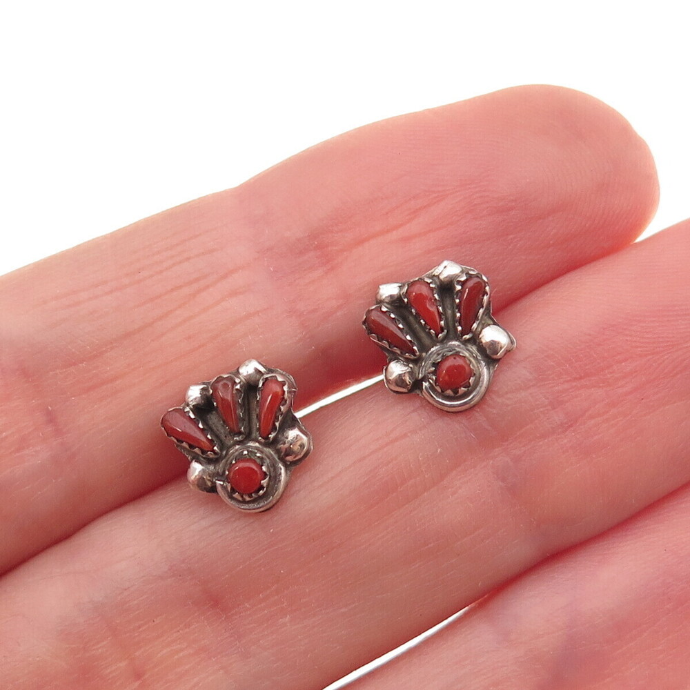 Old Pawn 925 Sterling Silver Vintage Southwestern Coral Tribal Stud Earrings
